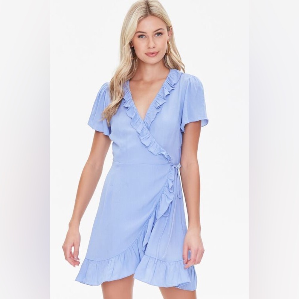 The Style Club - Ruffle Wrap Mini Dress - Blue - Size M